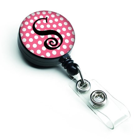 CAROLINES TREASURES Letter S Monogram Pink and Black Polka Dots Retractable Badge Reel CJ1001-SBR